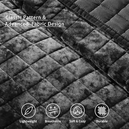 LEAONME Velvet Quilt Oversized California King-120''x120'', Lightweight Black Velvet Comforter Set with 2 Pillow Shams, Oversized Bedspread Coverlet Quilted Bedding Set for All Season