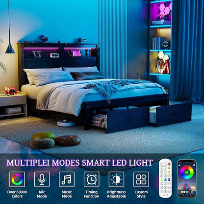 53" Tall Queen Bed Frame with Headboard and Storage, 2 Drawers and LED Built in Charging Station Bed Frame Queen Size with Farmhouse Roman Column Decoration,No Box Spring Needed (Black)