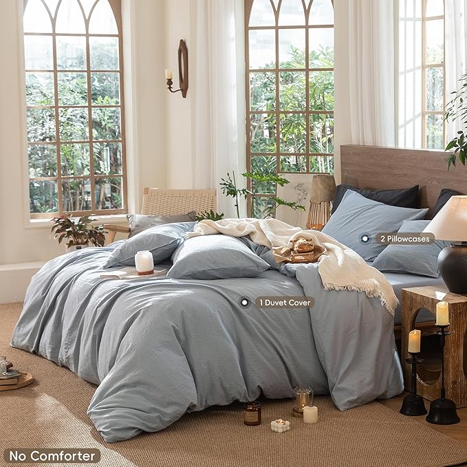 MooMee Wavy Striped Duvet Cover Set 100% Washed Cotton Linen Like Textured Breathable Durable Soft Comfy (Cornflower Blue, Cal King 104"x98")