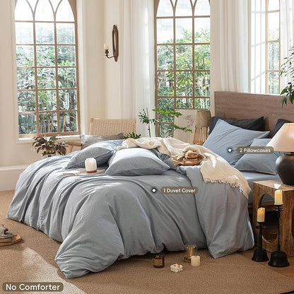 MooMee Wavy Striped Duvet Cover Set 100% Washed Cotton Linen Like Textured Breathable Durable Soft Comfy (Cornflower Blue, Cal King 104"x98")