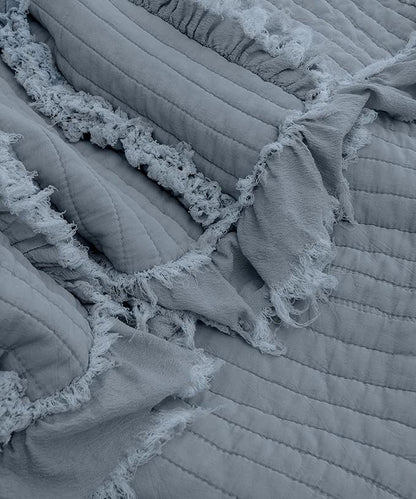 Ultra Soft Pre-Washed Quilted Throw Blanket, Ruffle Fringed Dark Blue Decorative Throw, Stone Washed Chic Rustic Blanket for Sofa Couch Bed Chair, 50"x 60"