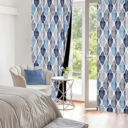 Beauoop 100% Blackout Curtains 84 Inches Long 2 Panels for Bedroom Living Room Blue Grey Moroccan Geo Room Darkening Thermal Insulated Soundproof Rod Pocket Back Tab Window Treatments Drapes, 50x84