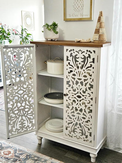 PHI VILLA Tall Accent Cabinet with Doors - Farmhouse Storage Cabinet for Living Room White