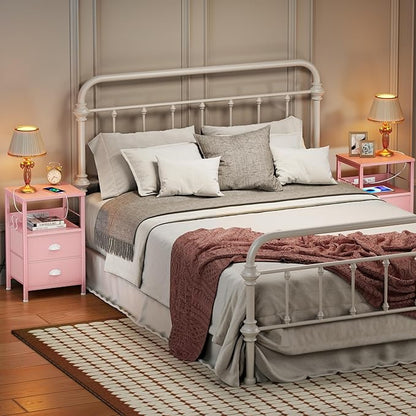 Furologee Nightstand with Charging Station, Night Stand with 2 Fabric Drawers, Side Table with USB Ports, End Table with Storage Shelf, for Living Room/Bedroom, Pink