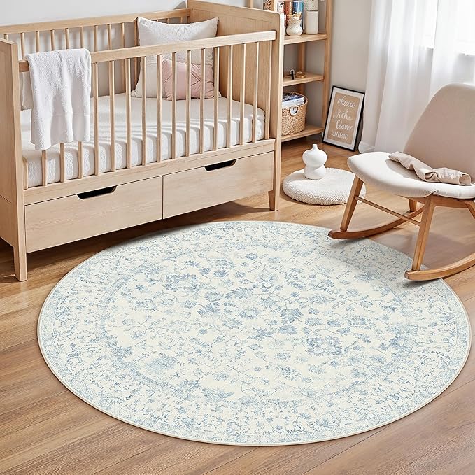 3ft Blue Round Area Rug Entryway Door Mat Small Circle 3x3 Kitchen Vintage Carpet Non Slip Indoor Bedroom Washable Distressed Floral Retro Accent Throw Rug Office Bathroom