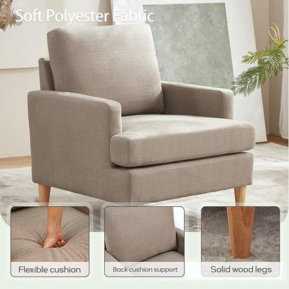 VKNOW Mid-Century Accent Chair, No Tools Assembly Required, Modern Upholstered Polyester Armchair for Living Room,Comfy Reading Accent Chairs with Wood Legs for Bedroom, Brown