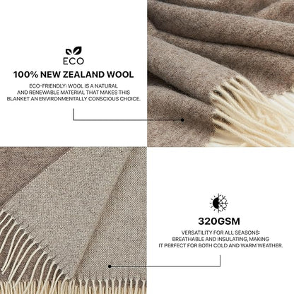 | Wool Blanket/Throw | 100% New Zealand Wool | Perfect for Home and Outdoors | Virgin Wool Throw with Fringes 67"x79" (170 x 200 cm)