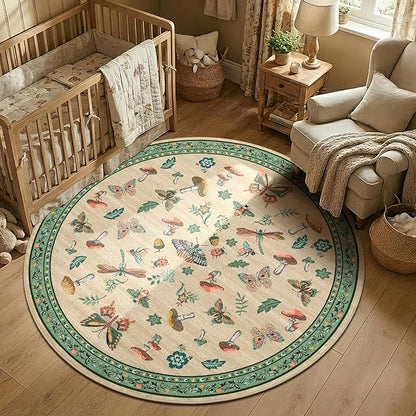 Mushroom Insect 5ft Round Rug Washable Non-Slip Soft Ultra-Thin Small Boho Circle Carpet for Entryway Kitchen Bedroom Nursery Dining Room Khaki Green