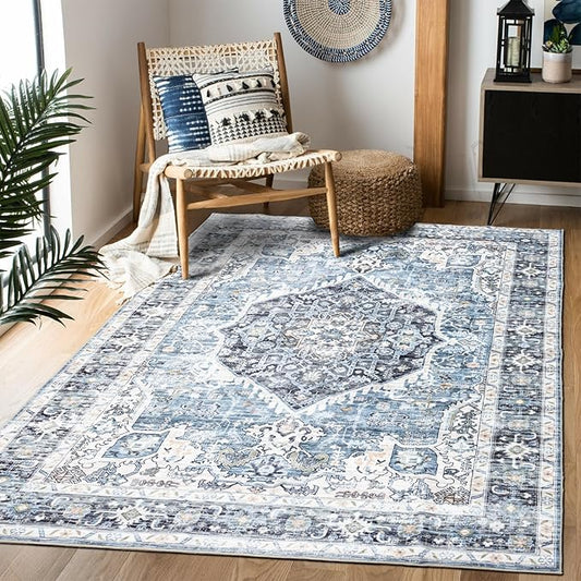 Area Rug 3×5, Vintage Boho Rug,Ultra-Soft Low Pile, Washable, Non Slip,Stain Resistant Printed Carpet for Living Room Bedrooms Playroom Office Kitchen, Light Blue