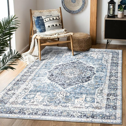 Area Rug 5×7, Vintage Boho Rug,Ultra-Soft Low Pile, Washable, Non Slip,Stain Resistant Printed Carpet for Living Room Bedrooms Playroom Office Kitchen, Light Blue