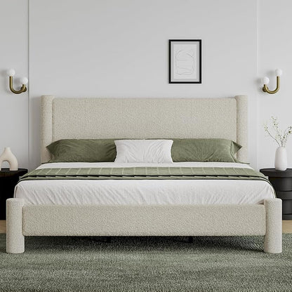 King Size Bed Frame, Boucle Bed Frame with Headborad, Soft Upholstered Platform Bed Frame with Rounded Corners, No Box Spring Required, Easy Assembly, Cream