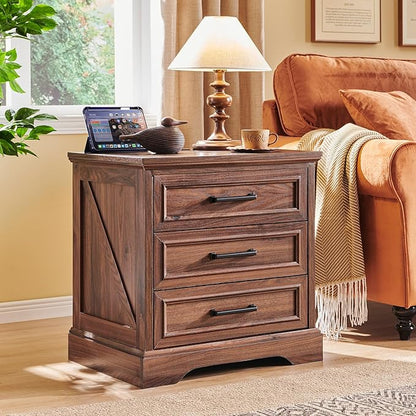 ACCOHOHO Farmhouse Nightstand with Charging Station, 22 Inch Wide End Table with 3 Large Drawers & Bar Handles, Rustic Wood Small Dresser Chest of Drawers for Bedroom, Living Room, Closet, Brown