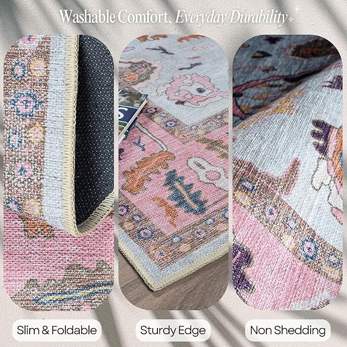 Fame Rugs Pink Beige Modern Oushak Rug 5x7, Washable Vintage Turkish Colorful Oriental Antique Inspired Area Rugs, Luxury Living Room Bedroom (390PP, 6' x 9')