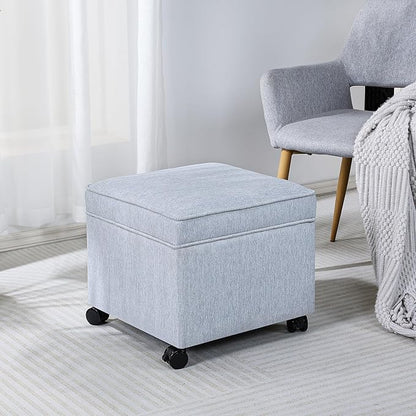 Adeco 17.5" Square Fabric Ottoman with Storage, Upholstered Cotton Linen Foot Rest, Flip Top Footstool, Small Cube Coffee Table Extra Seat for Living Room, Bedroom, Ice Blue with Rolling Legs