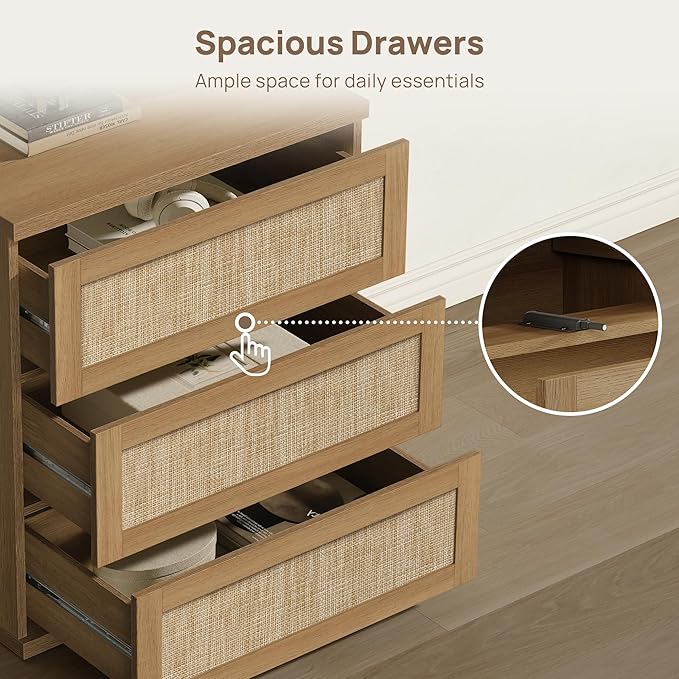 SICOTAS Dresser for Bedroom - 31" Tall Rattan Dresser with 3 Drawers Boho Dressers & Chests of Drawers Dressers for Bedroom Deep Bedside Table Clothes Closet Storage for Closet Hallway Entryway