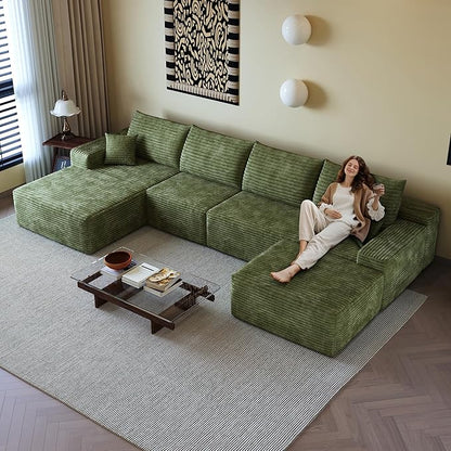 136" Sectional Couches for Living Room Modern Modular Sofa with L-Shape Couchs Upholstered Boneless Couch Deep Seat Sectional Couch with Chaise (Green, Left Facing Chaise+3Seaters+Ottoman)