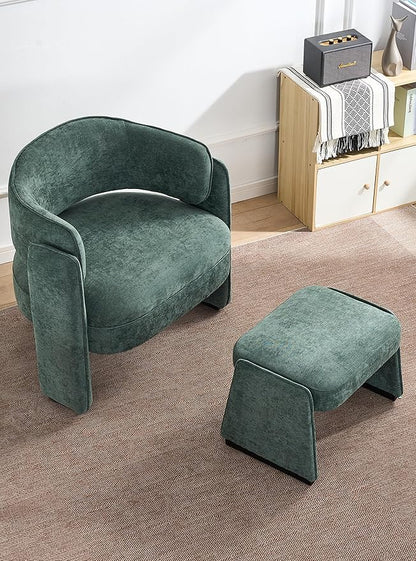 LOULENS Oversized Accent Chair with Ottoman, Modern Upholstered Barrel Chair with Footrest, Comfy Round Armchair for Living Room, Bedroom, Reading Room & Corner (1, Green)
