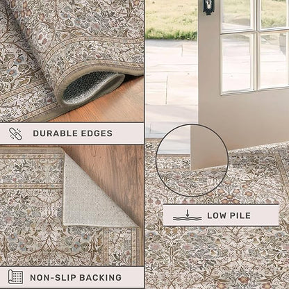 Vintage Moss Green Entryway Rug, 3x5 Washable Area Rugs for Kitchen, Bathroom, Bedroom, Boho Oriental Low Pile Stain Resistant Non-Slip Small Throw Rug