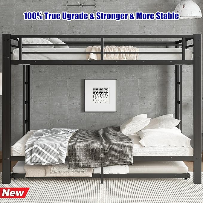 Upgraded & Stronger Heavy Duty Metal Queen Over Queen Bunk Bed for Adults & Teens, Thickened More Stable Safer Bunkbeds (Greater Weight Capacity) (Queen Over Queen Bunk Bed with Trundle)