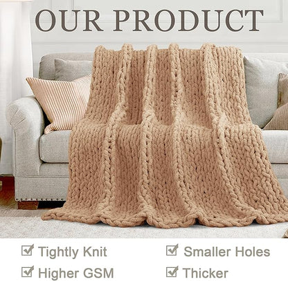 Chunky Knit Throw Blanket 60"X 80", 100% Handmade with Soft Chenille Yarn, 6.7lbs Thick Cable Knitted Blankets, Large Rope Knot Crochet Throws for Couch Sofa Bed Home Decor, Tan Brown