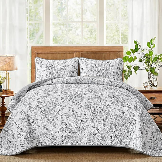 WONGS BEDDING Quilt King Size, Grey Quilt Bedding Set with 2 Pillowcases, Botanical Quilt for King Bed, Soft Microfiber Lightweight Coverlet Bedspread for All Season (110"×90", 3 Pieces)