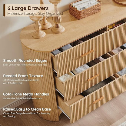 Fluted 6 Drawer Dresser for Bedroom with Curved Profile Design, 53.9 Inch Wide Chest of Drawers, Smooth Glide Storage Cabinet for Living Room, Natural Oak