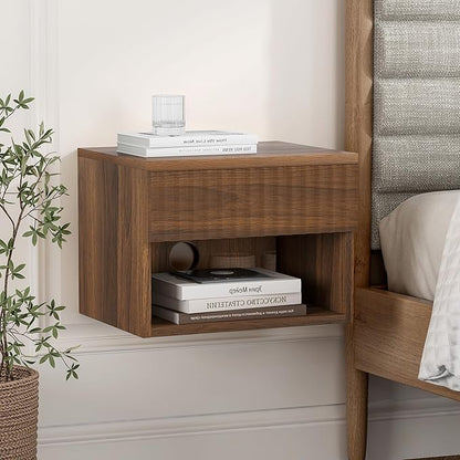 Floating Bedside Cabinet Set of Four with Drawers and Open Shelves, Compact Wall-Mounted Bedside Shelf, Modern Recessed Bedside Cabinet Suitable for Bedrooms and Living Rooms, Brown