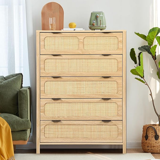LEVNARY 5 Drawer Chest Dresser, Rattan Tall Dresser 5 Chest of Drawers Dressers for Bedroom, Wooden Storage Cane Cabinet with Metal Handles for Living Room Hallway (Natural)
