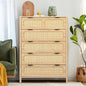 LEVNARY 5 Drawer Chest Dresser, Rattan Tall Dresser 5 Chest of Drawers Dressers for Bedroom, Wooden Storage Cane Cabinet with Metal Handles for Living Room Hallway (Natural)