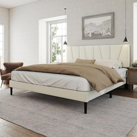 Queen Size Bed Frame with Fabric Upholstered Headboard, Platform Bed with Wooden Slats Support, Fully Mattress Foundation, Box Spring Optional, Easy Assembly