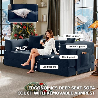 78.8" Convertible Futon Sofa Bed,Corduroy Futon Couch with Storage Pocket,Folding Pull Out Sofa,No Assembly Boneless Couch for Living Room,Navy