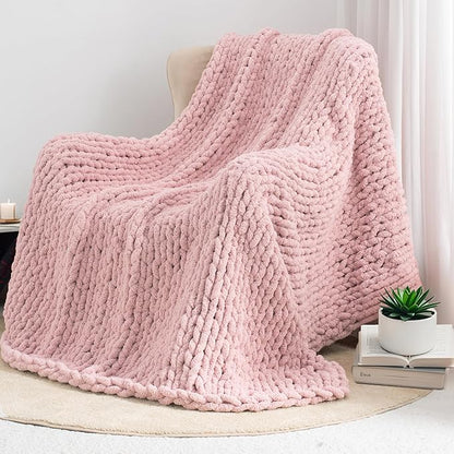 Chunky Knit Throw Blanket 50"X 60", 100% Handmade with Soft Chenille Yarn, 4.4lbs Thick Cable Knitted Blankets, Large Rope Knot Crochet Throws for Couch Sofa Bed Home Decor, Dusty Pink