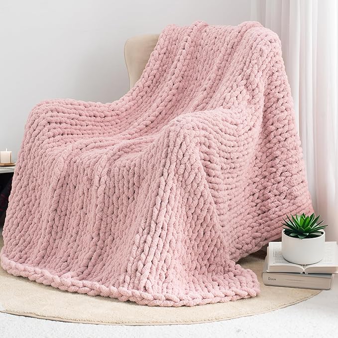 Chunky Knit Throw Blanket 60"X 80", 100% Handmade with Soft Chenille Yarn, 4.4lbs Thick Cable Knitted Blankets, Large Rope Knot Crochet Throws for Couch Sofa Bed Home Decor, Dusty Pink