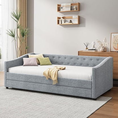 Favfurish Twin Size Daybed with Trundle Upholstered Day Bed Frame with Button Tufted Backrest and Nailhead Decorated Armrest for Living Room Bedroom,No Box Spring Needed,Light Grey