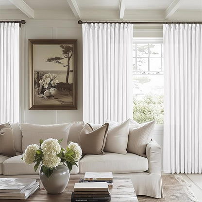 Pinch Pleated Extra Wide Linen Curtains 120 Inches Long for Patio Sliding Glass Door White 70 Inch Wide Pleated Drapes with Hooks Rings Neutral Natural Semi Sheer 70x120 Curtain for Living Room