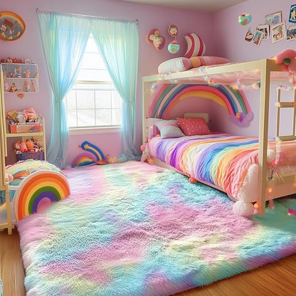 PAGISOFE Fluffy Soft Plush Washable Area Rugs for Girls Bedroom Shaggy Rugs for Kids Playroom Kawaii Princess Fuzzy Nursery Rug for Baby's Toddler's Room Cute Room Decor for Teenage 5x8 Ft Rainbow