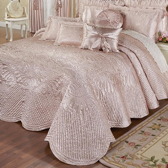 Touch of Class Portia Luxury Bedding | Posh Rose Quartz | Premier Quilted Polyester Satin | Romantic Hand Guided Machine Quilted Scroll Design 3 Piece Set with King Bedspread and 2 King Shams