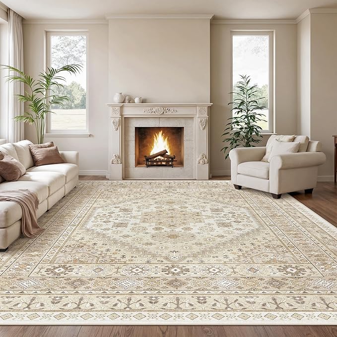 zesthome 10x14 Area Rugs,Stain Resistant Washable Rug,Ultra-Thin Rugs for Living Room,Bedroom,Non-Slip Backing Home Decor Large Area Rug (Cream/Beige,10'x14')