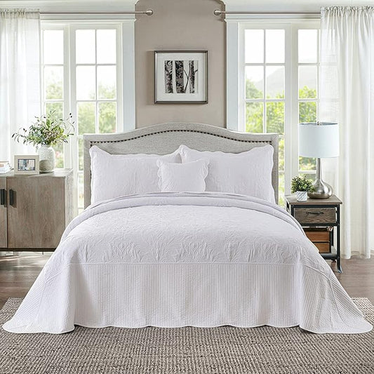 HoneiLife California King Quilt - Oversized King Bedspreads 120x120, 4-Piece Cal King Quilt Sets,Rustic Bedding Sets King Size,Reversible Coverlets Lightweight Bed Cover for All Season Use-White