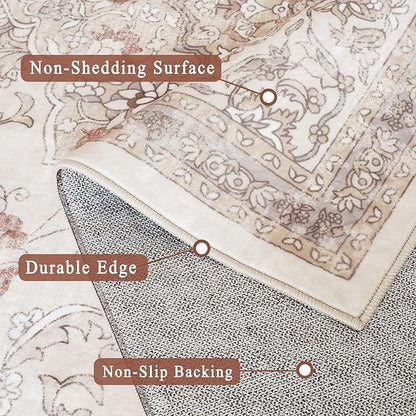 vivorug 8x10 Neutral Area Rugs for Living Room, Non-Slip Backing Washable Rug 8x10, Beige Large Area Rug Soft Carpet for Bedroom Dining Room, Vintage, Easy Clean, Durable, Low Pile Rug Under Table