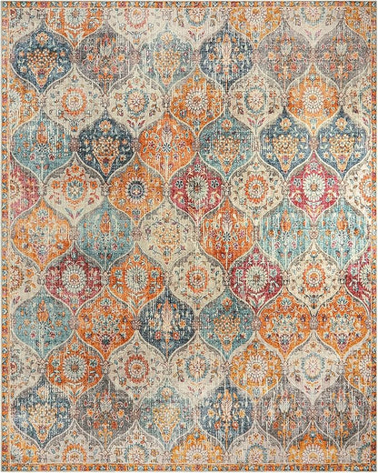 Lahome Moroccan Washable Area Rugs 9x12 Living Room, Soft 9x12 Area Rug for Bedroom, Oriental Non-Slip Non Shedding Throw Large Carpet for Dining Room Office, Cream/Multi