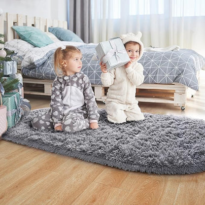 Noahas Fluffy Grey Rugs for Bedroom Living Room,2'X5' Oval Throw Rug for Kids Room,Shag Hallway Runner Rug,Small Soft Shaggy Bedside Non-Slip Plush Nursery Dorm Carpet Home Decor Aesthetic
