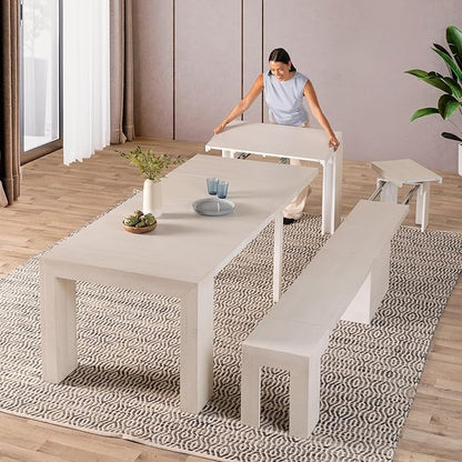 Transformer Table - Solid Wood Extendable Dining Table, Seats 2-12, Extendable Dining Room Table, Space-Saving Furniture, Expandable Dining Furniture (White, Table + Bench)