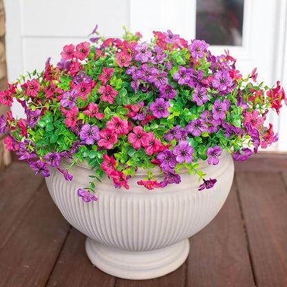 HyeFlora Artificial Flowers for Outdoor Indoor Garden Home Decoration, Faux Flower Daisy with Eucalyptus Leaves Fake Plants Greenery Boxwood Porch Patio, 12 Bundles (Purple Pink)