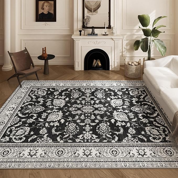 Machine Washable Area Rugs, Vintage Soft Rugs for Living Room Non Slip Large Area Rug 6x9 Carpet for Bedroom Under Bed/Dining Table Home Office | Black White