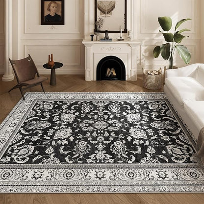 Machine Washable Area Rugs, Vintage Soft Rugs for Living Room Non Slip Large Area Rug 6x9 Carpet for Bedroom Under Bed/Dining Table Home Office | Black White