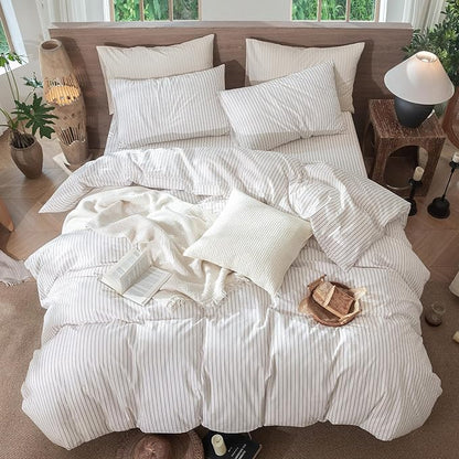 MooMee Striped Duvet Cover Set 100% Washed Cotton Linen Like Textured Breathable Durable Soft Comfy (White Orange Wide Stripes, King 104"x90")