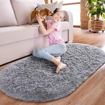 Noahas Fluffy Grey Rugs for Bedroom Living Room,2'X5' Oval Throw Rug for Kids Room,Shag Hallway Runner Rug,Small Soft Shaggy Bedside Non-Slip Plush Nursery Dorm Carpet Home Decor Aesthetic