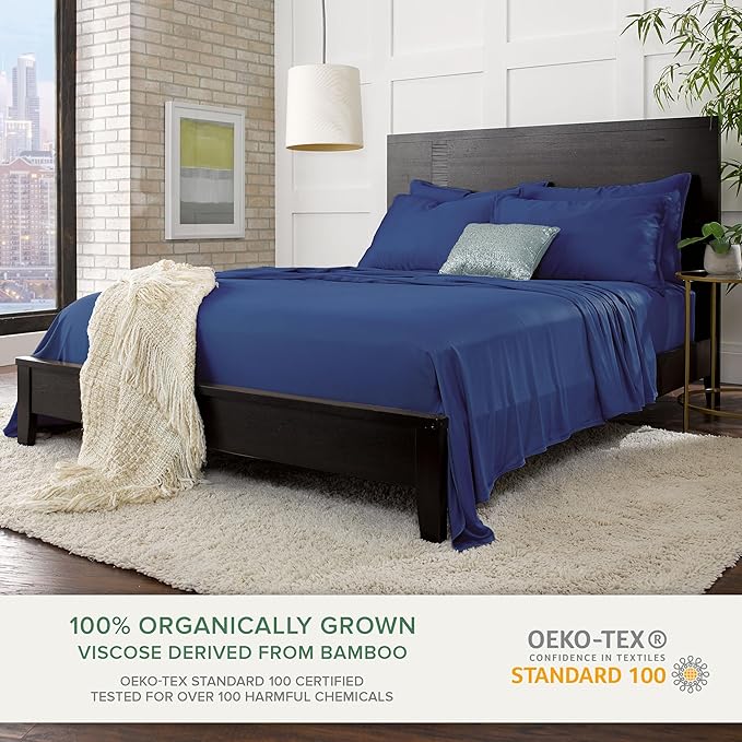 Pure Bamboo Queen Sheets, Genuine 100% Organic Viscose Derived from Bamboo Bed Sheet Set, Luxuriously Soft & Cooling, Double Stitching, 2 Year Quality Promise (Queen, Cobalt Blue)