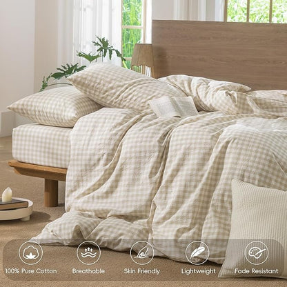 MooMee Gingham Duvet Cover Set 100% Washed Cotton Linen Like Textured Breathable Durable Soft Comfy Modern Checkered Design (Almond Milk Grey Gingham, King 104"x90")